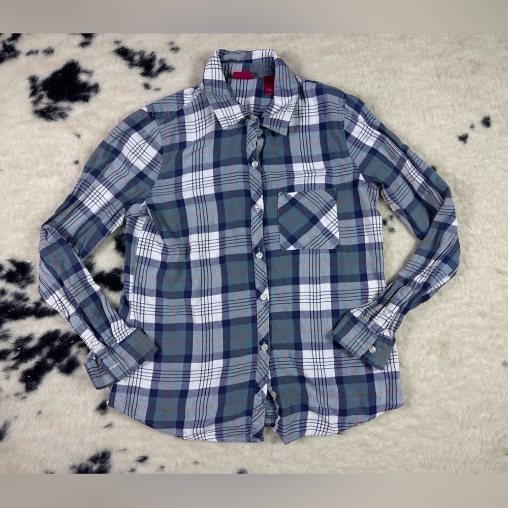 Daytrip Women’s Blue Plaid Button Down Flannel Shirt Size Medium